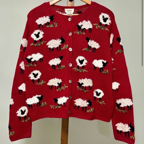 DO NOT BUY - ISO / DISO vintage Talbots sheep lamb cardigan sweater red L or XL - Picture 2 of 2